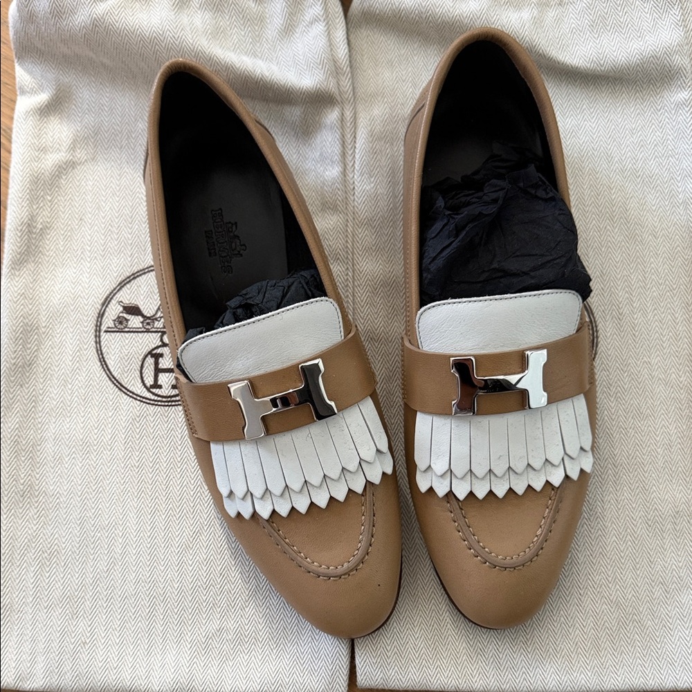 Hermes Tan and White Women's Royal Moccassins Size 36 Loafers